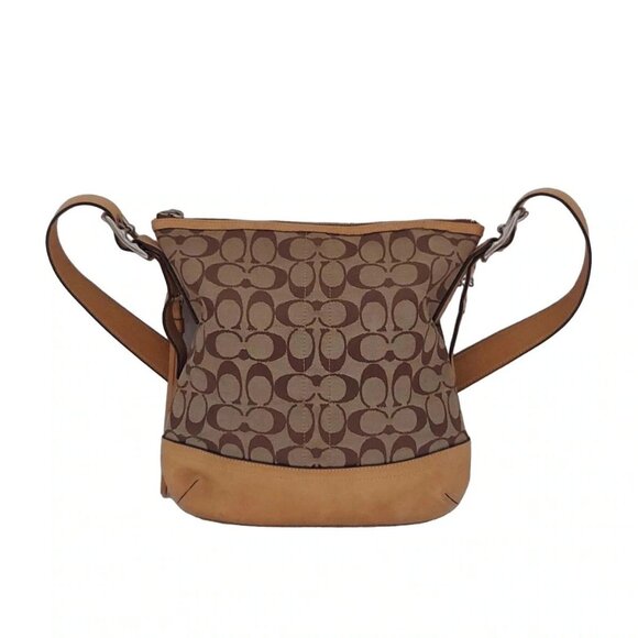 Auth COACH Signature Soft Slim Duffle 9362 Khaki Light Brown Jacquard Leather - Picture 1 of 10